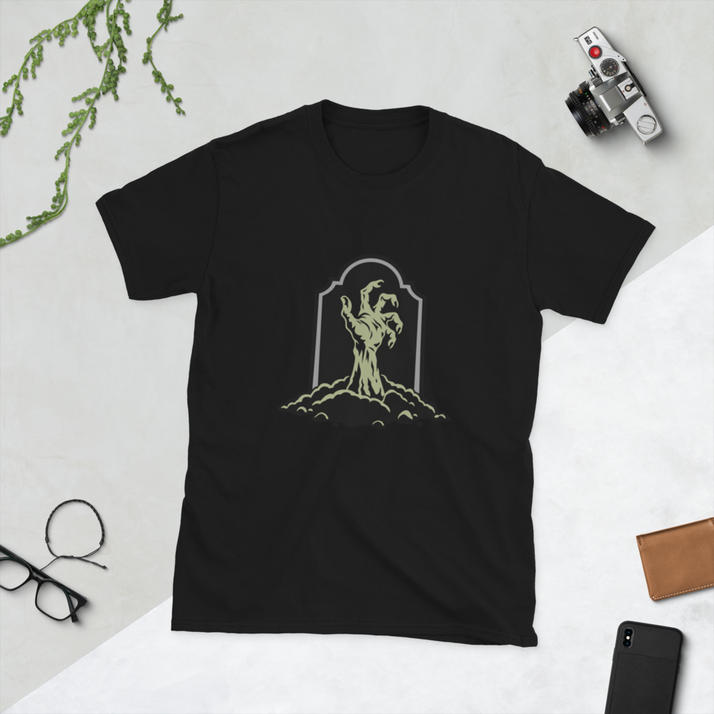 Zombie Hand Emerging from a Grave T-Shirt · Unisex / Black / S